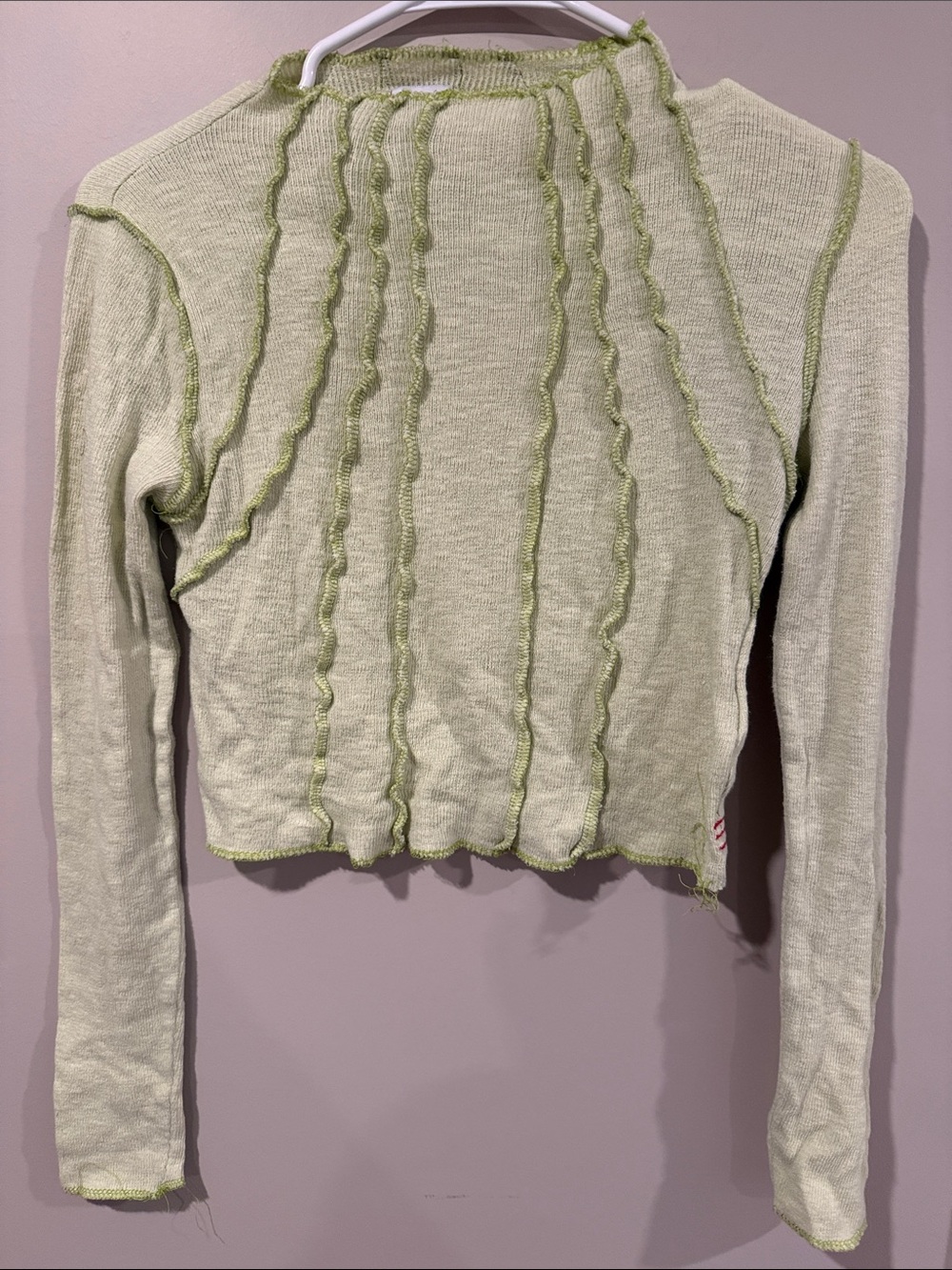 Urban Outfitters Light Green Ribbed Seam Detail Long Sleeve Top